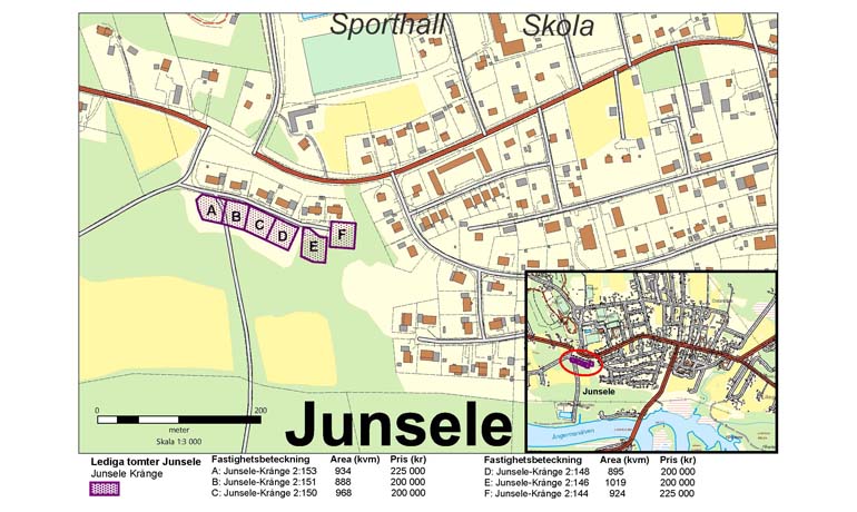 Karta över lediga tomter i Junsele. kartan innehåller mer info om pris, storlek och så vidare.