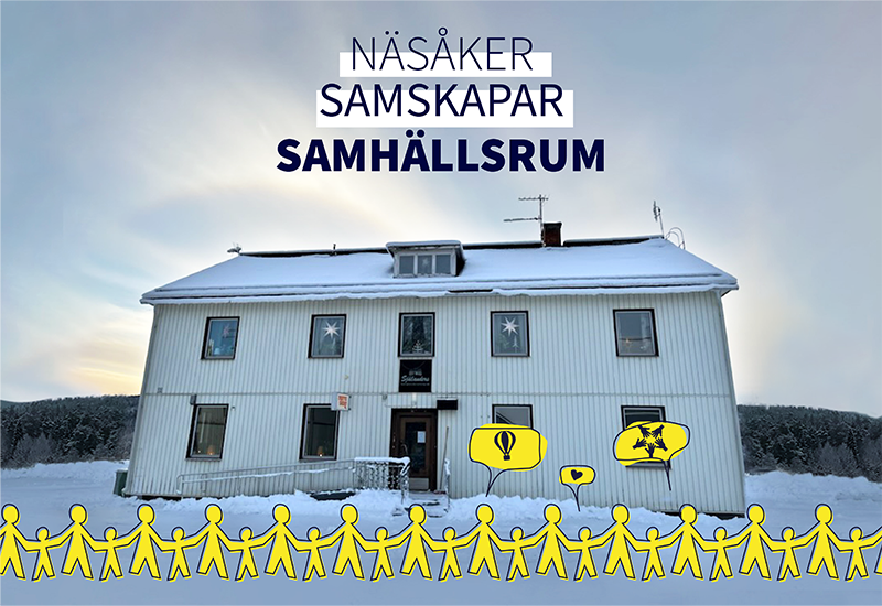 Bild på huset som är samhällsrum i Näsåker med text på bild (Näsåker samskaper Samhällsrum).