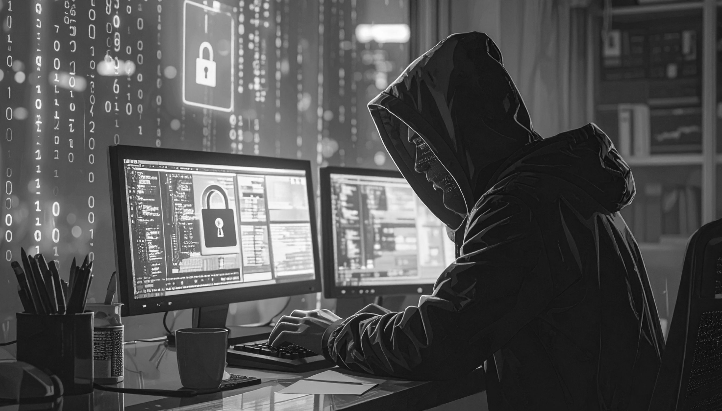 Bild på person som sitter vid datori i luva för att visa tt det finns reisker med nätet för företag - vår tids stora utmaning med bedrägeriet etc