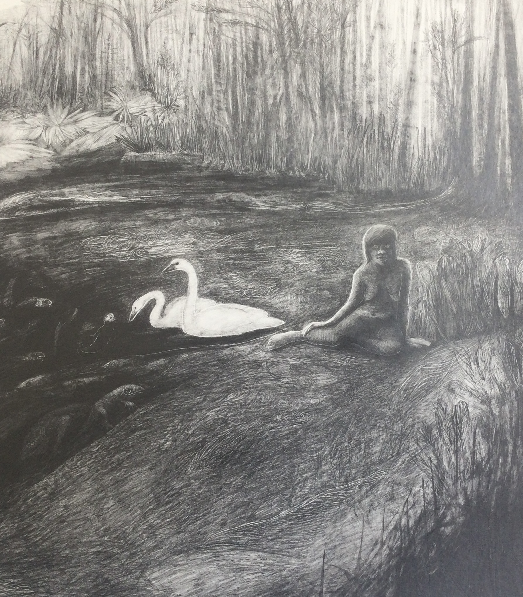 teckning med kvinna och svanar