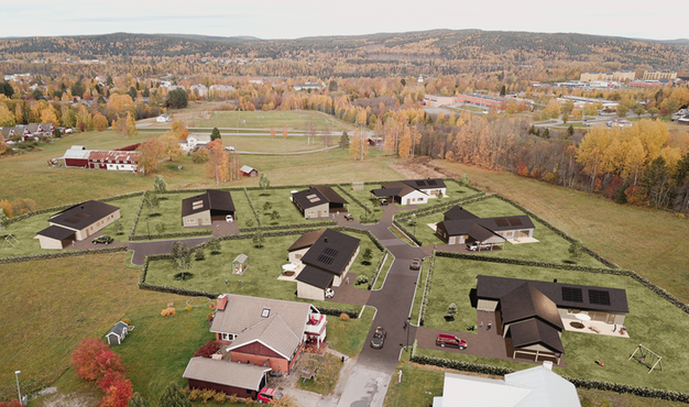 Skiss på hur hus skulle kunna byggas på de sju nya tomterna som nu kan köpas på Prästbordet.